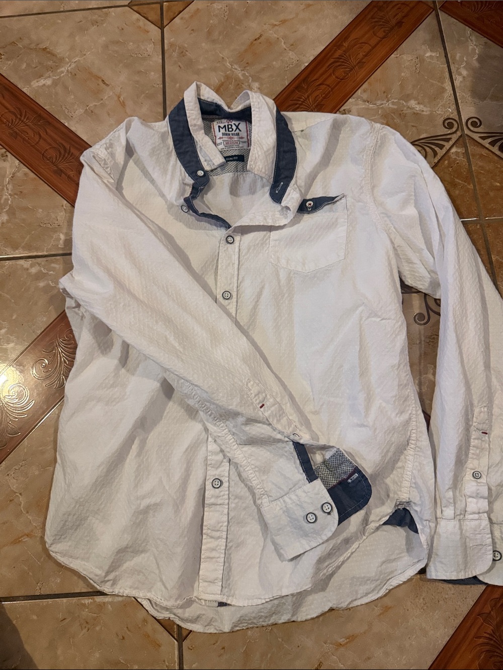 MBX White Button-Up Shirt with Navy Trim